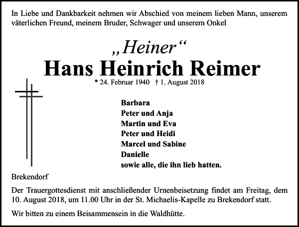 Hans Heinrich Reimer Danksagung Eckernförder Zeitung