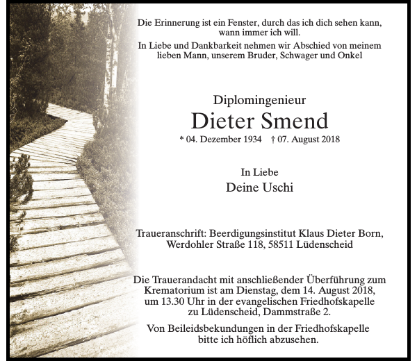Dieter Smend Traueranzeige Westdeutsche Zeitung