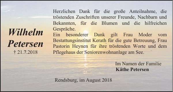Wilhelm Petersen Danksagung Landeszeitung