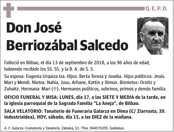 Esquela de José Berriozábal Salcedo : Fallecimiento | Esquela en El Correo