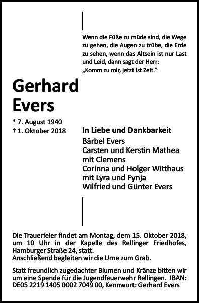 Gerhard Evers Traueranzeige Pinneberger Tageblatt