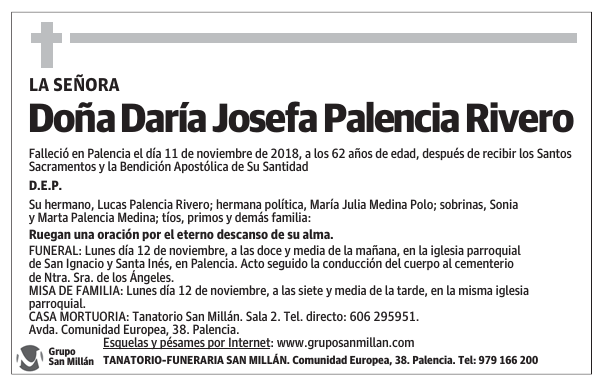 Esquela de Doña Daría Josefa Palencia Rivero : Fallecimiento | Esquela ...