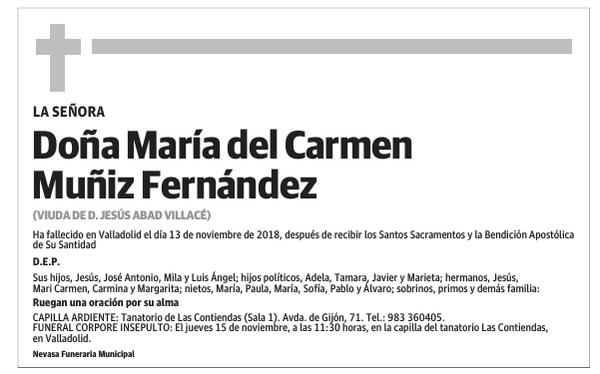 Esquela de Doña María del Carmen Muñiz Fernández : Fallecimiento ...