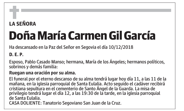 Esquela de Doña María Carmen Gil García : Fallecimiento | Esquela en El ...