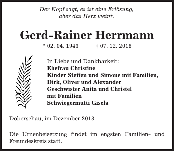Gerd-Rainer Herrmann : Traueranzeige : Sächsische Zeitung