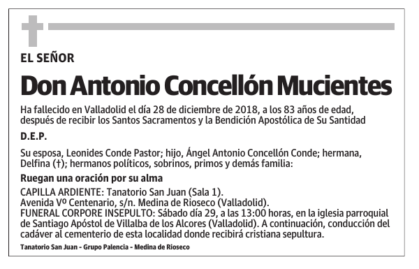 Esquela de Don Antonio Concellón Mucientes : Fallecimiento | Esquela en ...