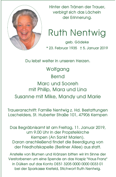 Ruth Nentwig Traueranzeige Westdeutsche Zeitung