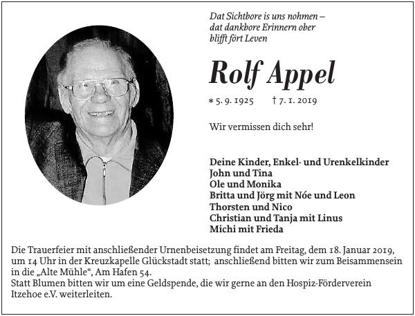 Rolf Appel Gedenken Norddeutsche Rundschau