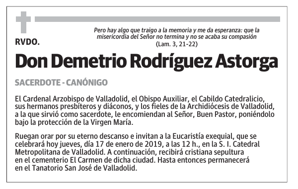 Esquela de Don Demetrio Rodríguez Fallecimiento Esquela en