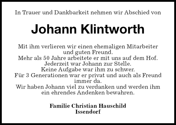 Johann Klintworth Nachruf Stader Tageblatt