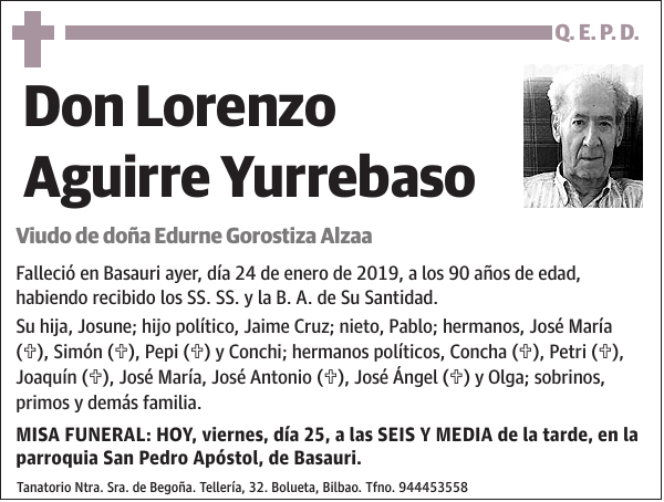 Esquela de Lorenzo Aguirre Yurrebaso Fallecimiento Esquela en El Correo