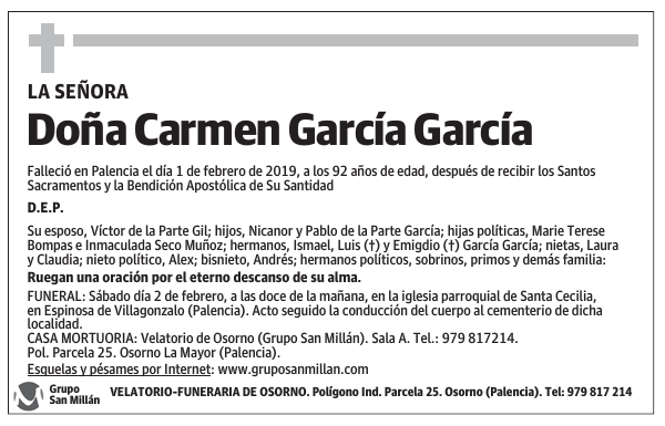 Esquela de Doña Carmen García García : Fallecimiento | Esquela en El ...