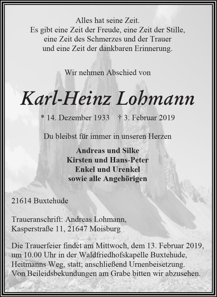 KarlHeinz Lohmann Traueranzeige Stader Tageblatt