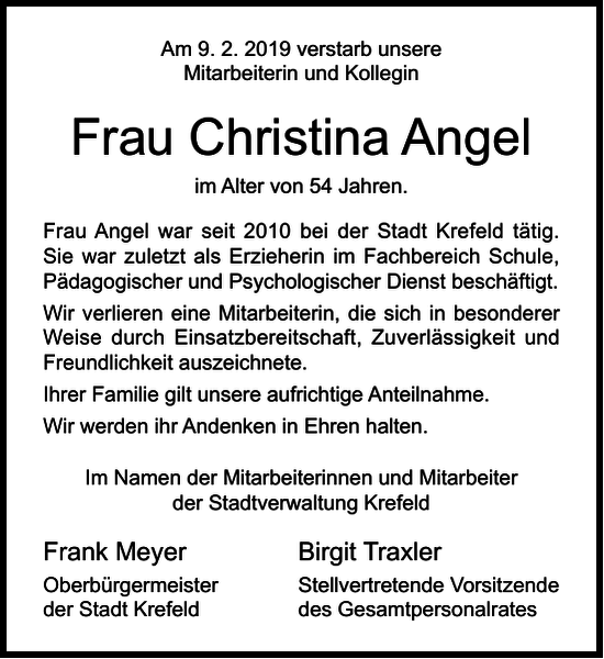 Frau Christina Angel Nachruf Westdeutsche Zeitung