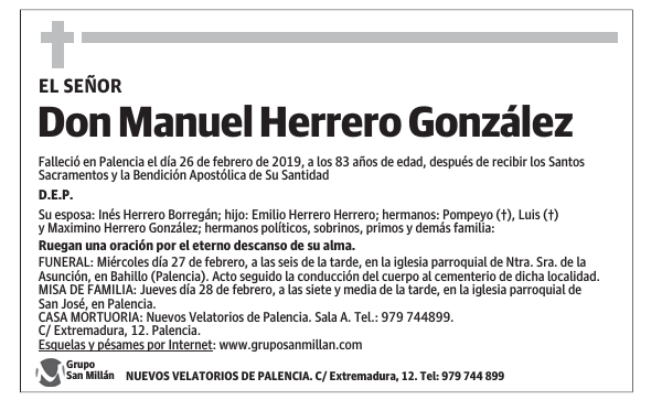 Esquela de Don Manuel Herrero González Fallecimiento Esquela en El