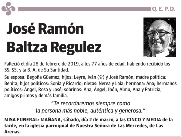 Esquela de José Ramón Baltza Regulez : Fallecimiento | Esquela en El Correo