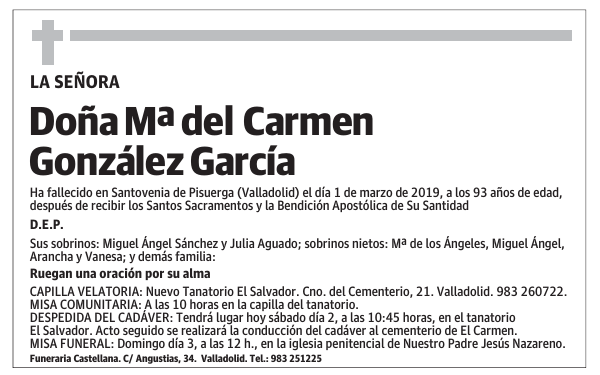 Esquela de Doña Mª del Carmen González García : Fallecimiento | Esquela ...