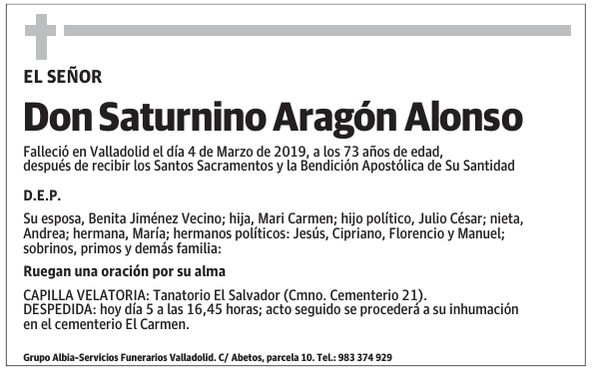 Esquela de Don Saturnino Aragón Alonso : Fallecimiento | Esquela en El ...