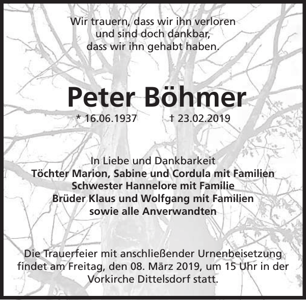 Peter Böhmer Traueranzeige Sächsische Zeitung