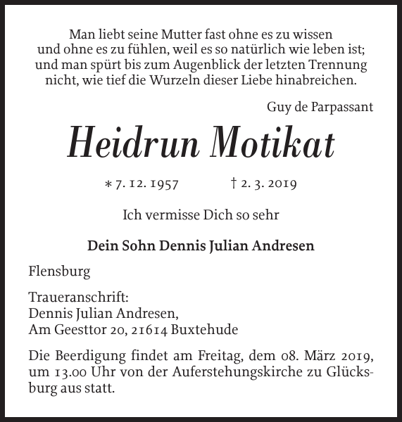 Heidrun Motikat Traueranzeige Flensburger Tageblatt