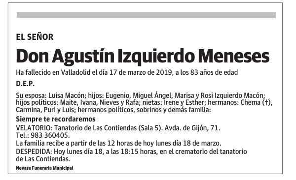 Esquela de Don Agustín Izquierdo Meneses : Fallecimiento | Esquela en ...