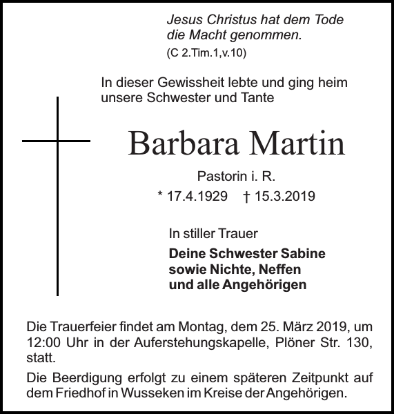 Pastorin Barbara Martin Gedenken Holsteinischer Courier