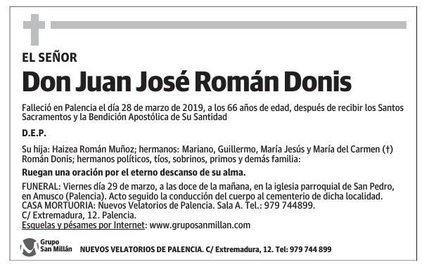 Esquela de Don Juan José Román Donis : Fallecimiento | Esquela en El ...