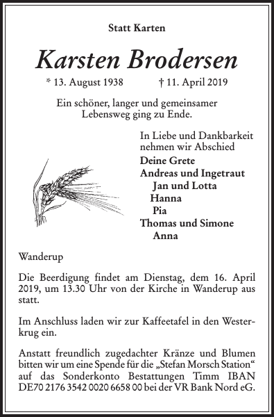 Karsten Brodersen Traueranzeige Flensburger Tageblatt