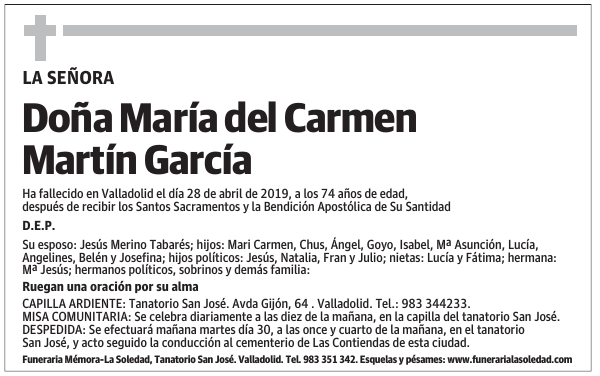 Esquela de Doña María del Carmen Martín García : Fallecimiento ...