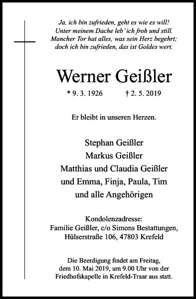 Werner Geißler : Traueranzeige : Westdeutsche Zeitung