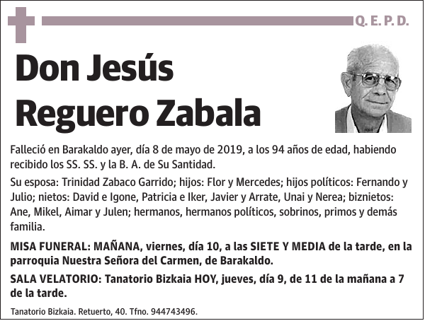 Esquela de Jesús Reguero Zabala : Fallecimiento | Esquela en El Correo