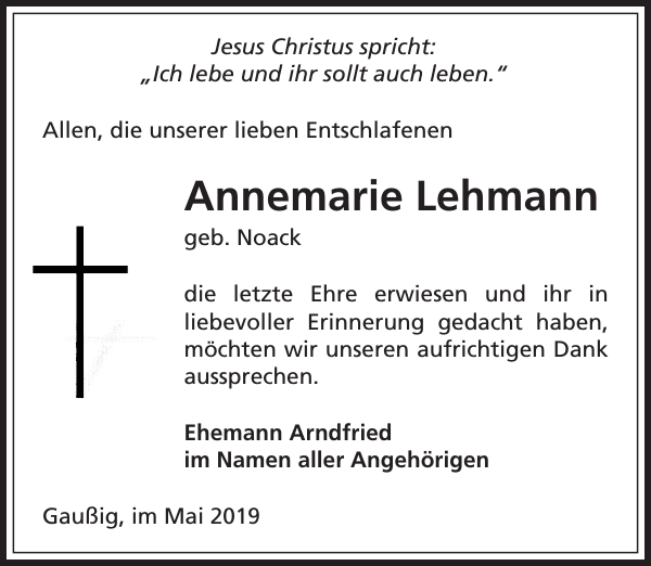 Annemarie Lehmann Traueranzeige Sächsische Zeitung