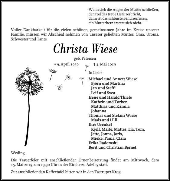 Christa Wiese Traueranzeige Flensburger Tageblatt