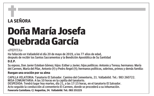 Esquela de Doña María Josefa Quebrada García : Fallecimiento | Esquela ...