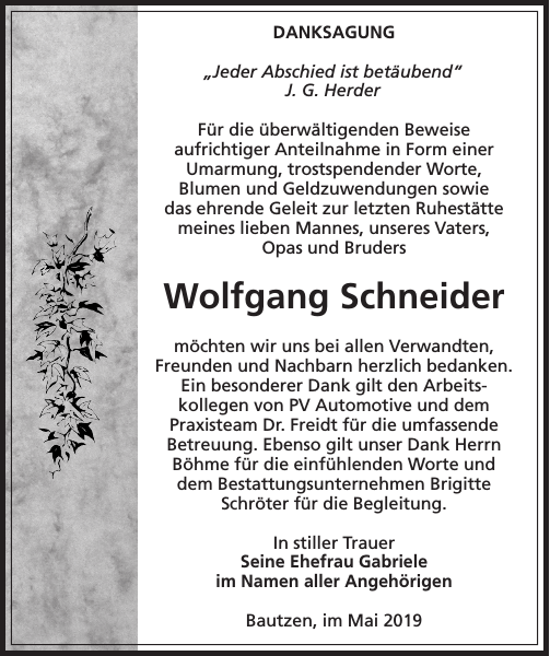 Wolfgang Schneider : Danksagung : Sächsische Zeitung