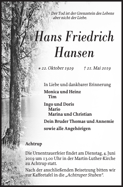 Hans Friedrich Hansen Danksagung Nordfriesland Tageblatt