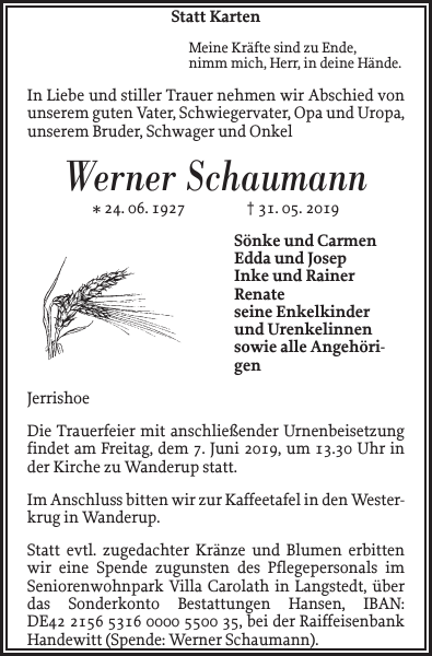 Werner Schaumann Danksagung Flensburger Tageblatt