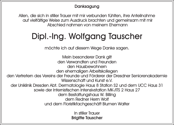 Dipl.Ing. Wolfgang Tauscher Traueranzeige Sächsische Zeitung