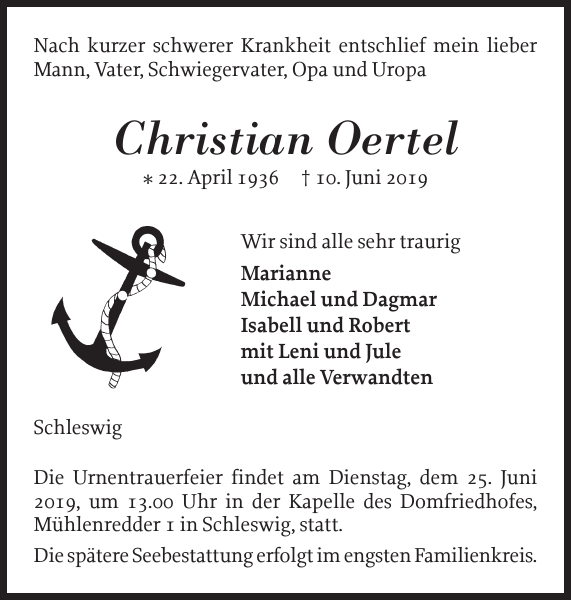 Christian Oertel Traueranzeige Flensburger Tageblatt