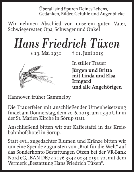 Friedrich Tüxen : Traueranzeige : Flensburger Tageblatt