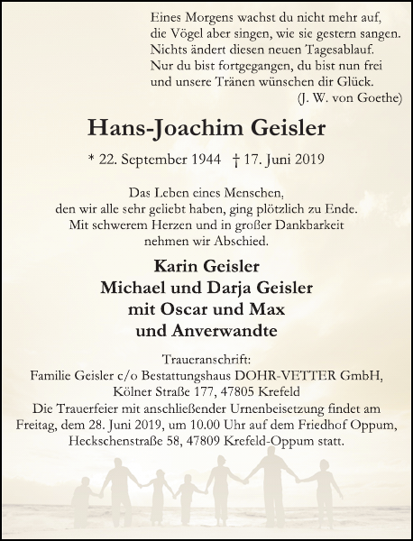 HansJoachim Geisler Traueranzeige Westdeutsche Zeitung