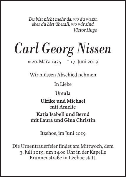 Carl Nissen Danksagung Norddeutsche Rundschau