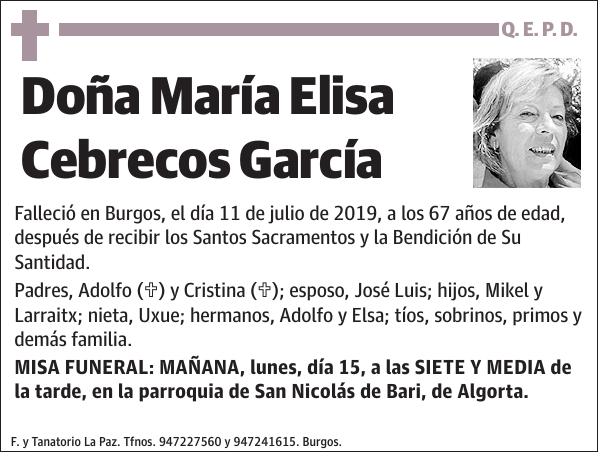 Esquela de María Elisa Cebrecos García : Fallecimiento | Esquela en El ...