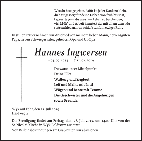 Hannes Ingwersen : Danksagung : Der Insel-Bote
