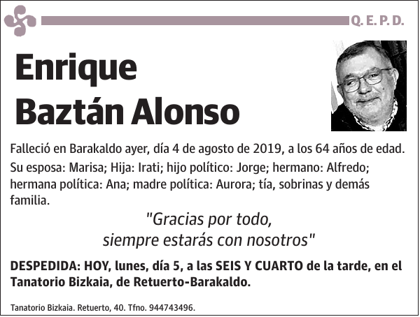 Esquela de Enrique Baztán Alonso : Fallecimiento | Esquela en El Correo