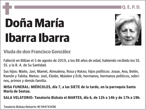 Esquela de María Ibarra Ibarra : Fallecimiento | Esquela en El Correo