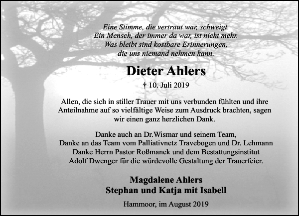 Dieter Ahlers Danksagung Stormarner Tageblatt