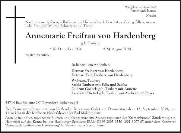 Annemarie Freifrau von Hardenberg Traueranzeige