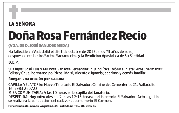 Esquela de Doña Rosa Fernández Recio : Fallecimiento | Esquela en El ...