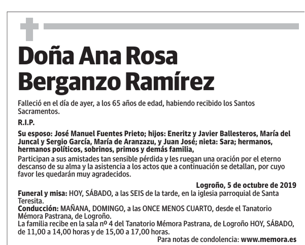 Esquela de Doña Ana Rosa Berganzo Ramírez : Fallecimiento | Esquela en ...